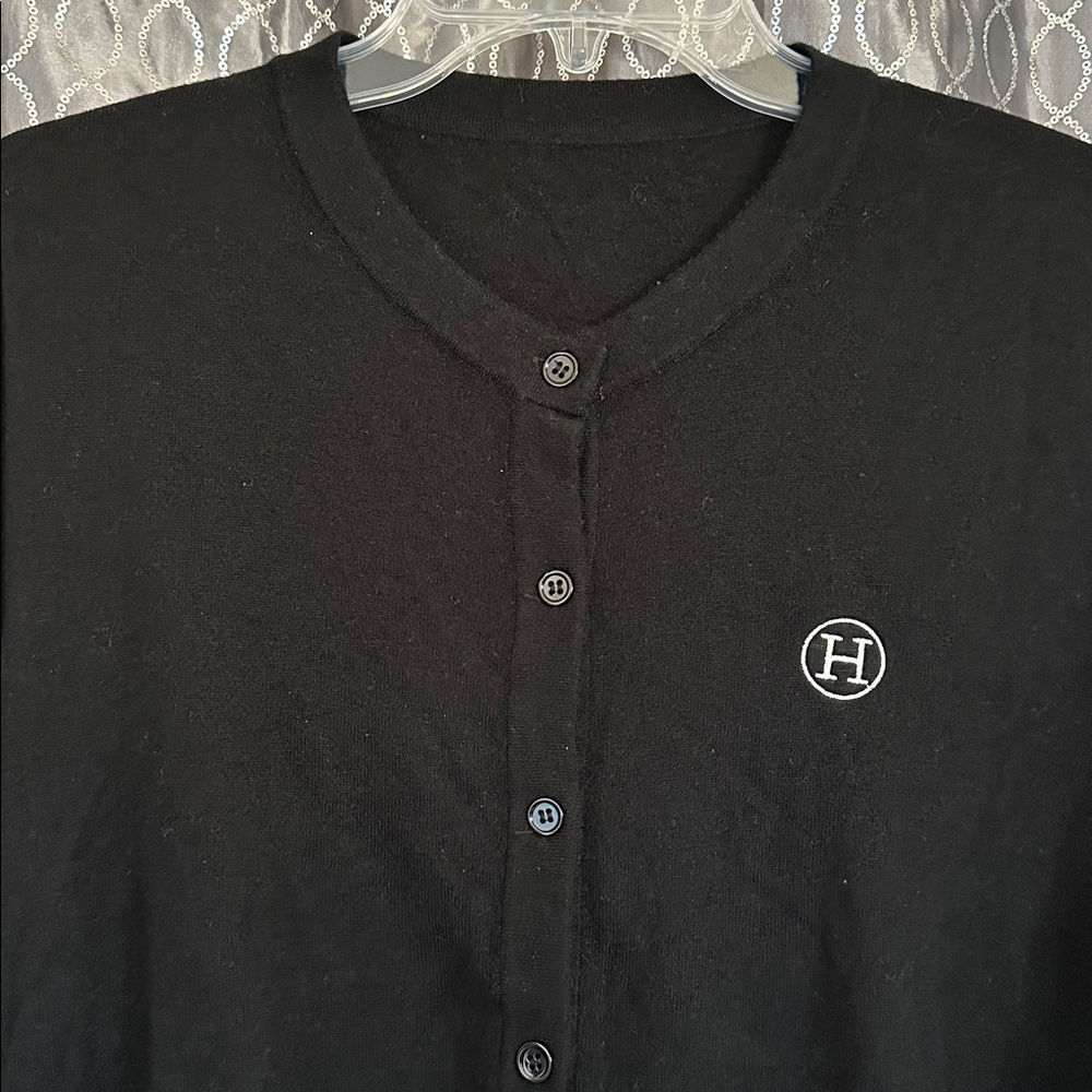 Soft & Lightweight 100% Wool Button Cardigan in Black with H Logo in White Sz M